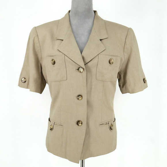 Kasper ASL Jacket Womens 14 Beige Lined Linen Blend Shoulder Pads Safari Career - Picture 1 of 16